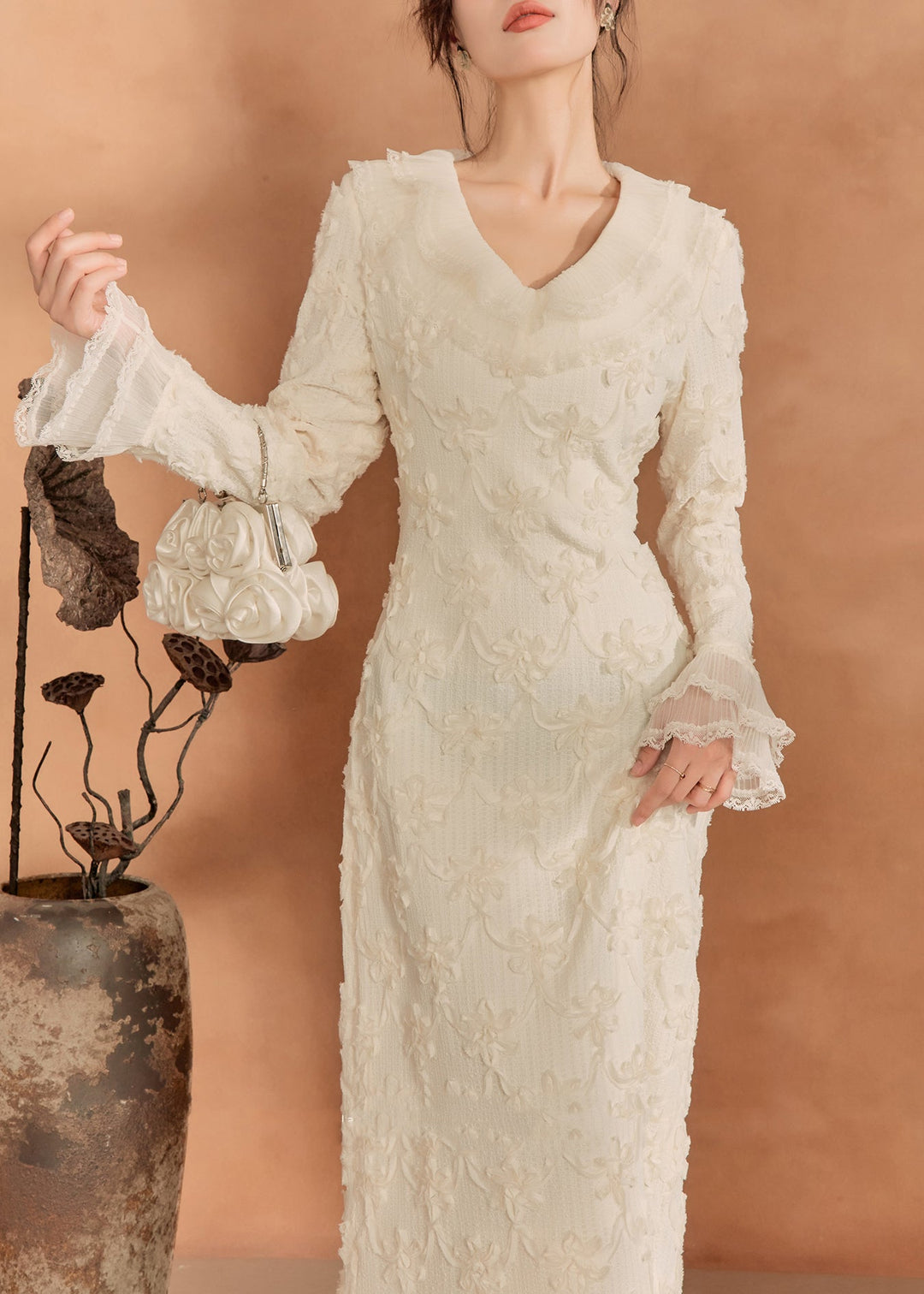 Style Beige V Neck Patchwork Lace Long Dress Fall