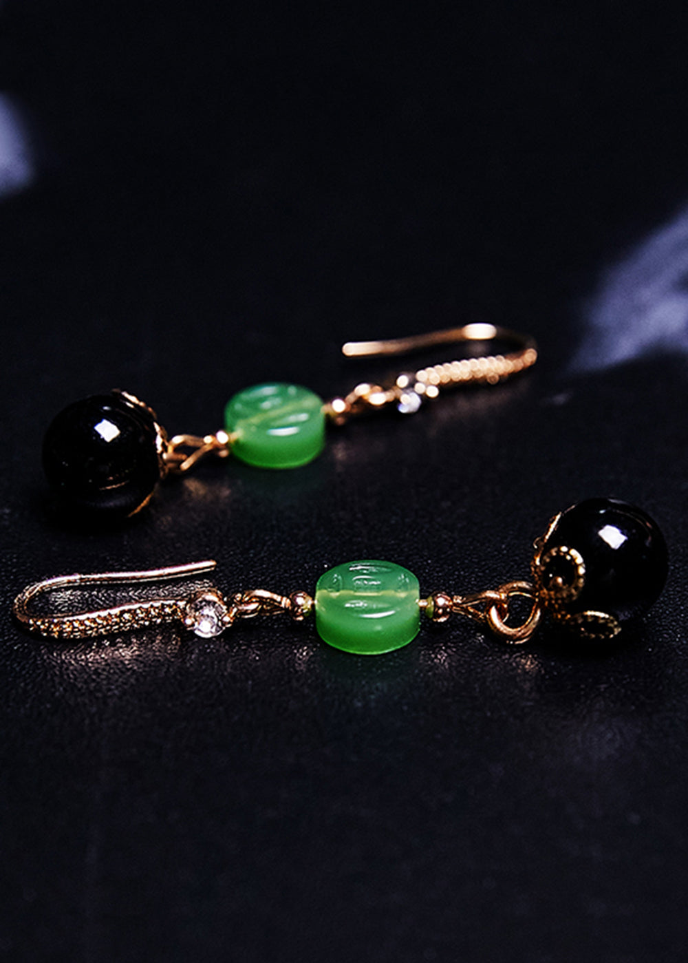 Style Black Agate Tassels Jade Drop Earrings