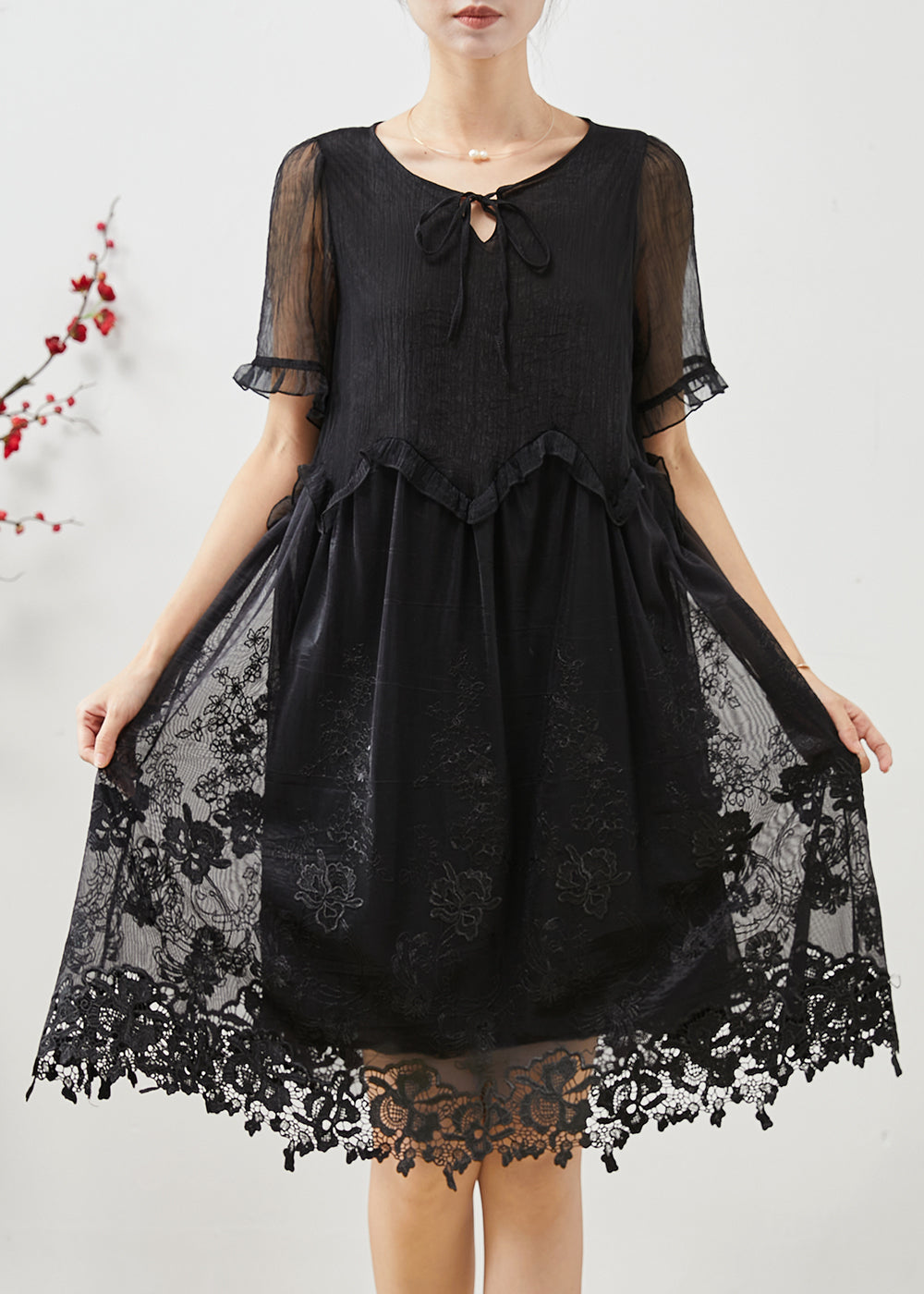 Style Black Embroidered Silk Day Dress Summer