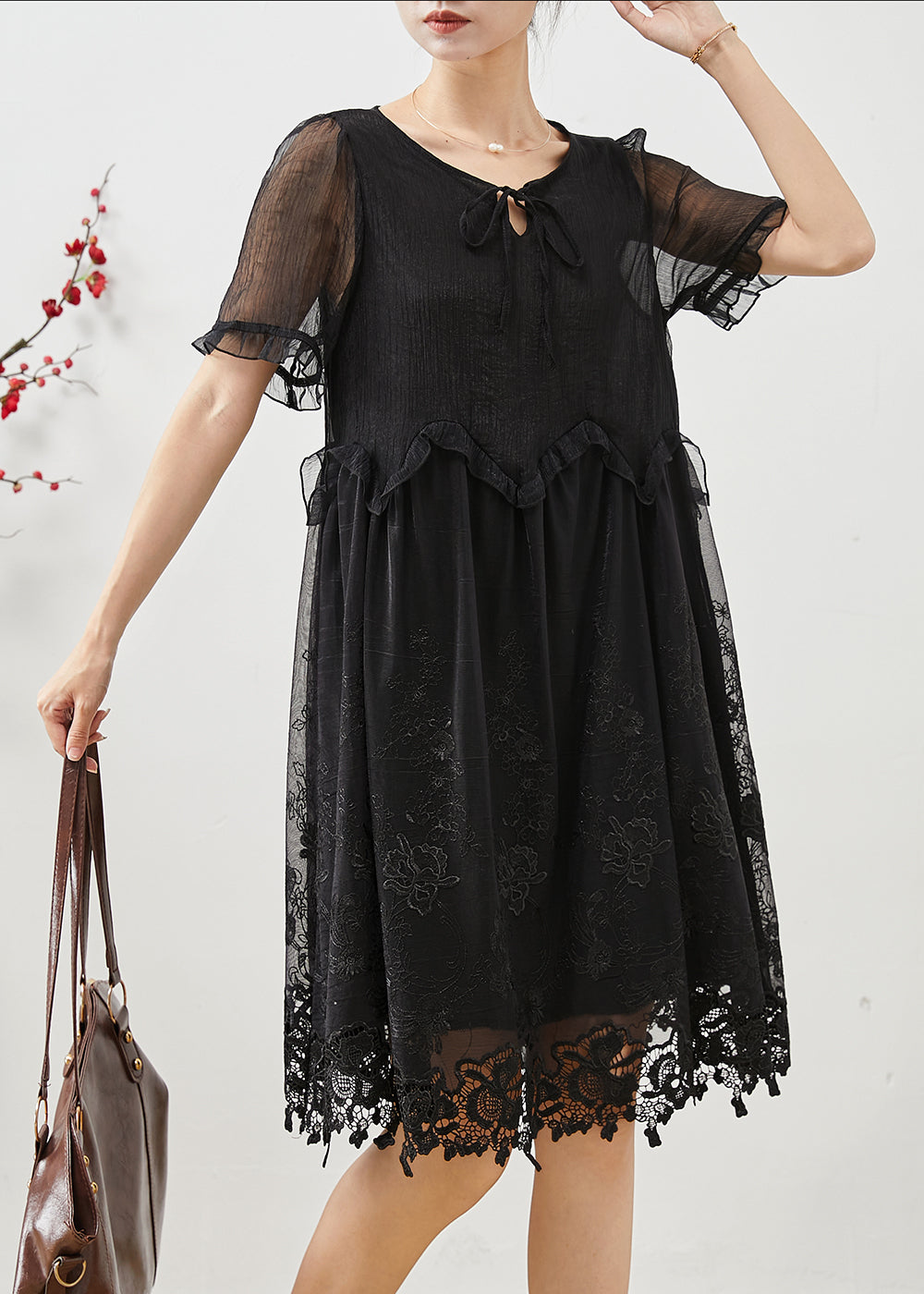 Style Black Embroidered Silk Day Dress Summer