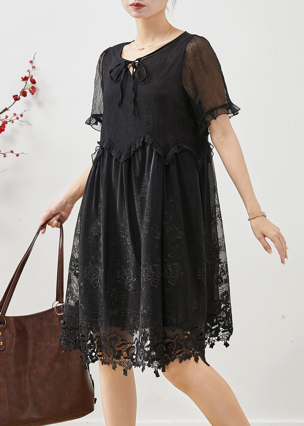 Style Black Embroidered Silk Day Dress Summer