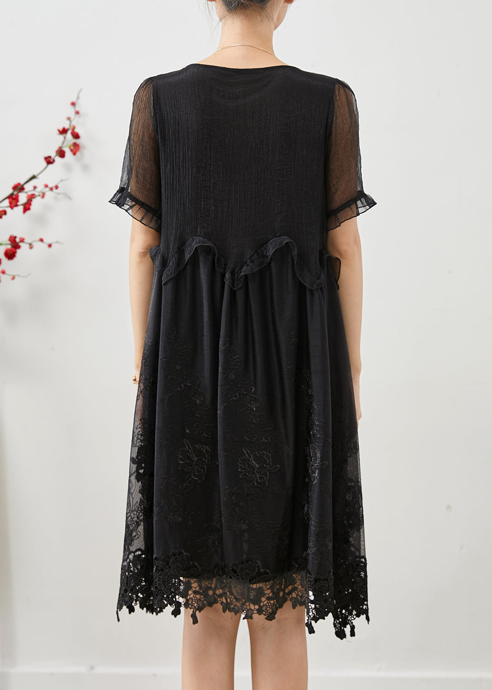 Style Black Embroidered Silk Day Dress Summer