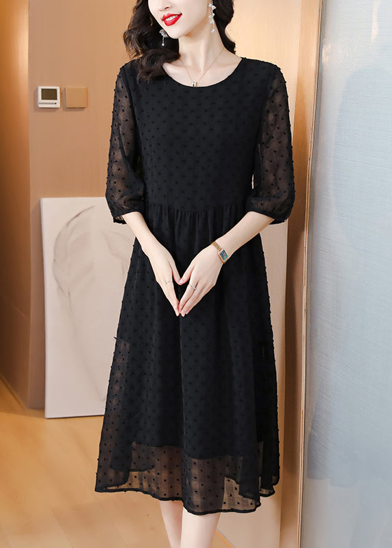 Style Black O Neck Jacquard Chiffon Long Dresses Lantern Sleeve