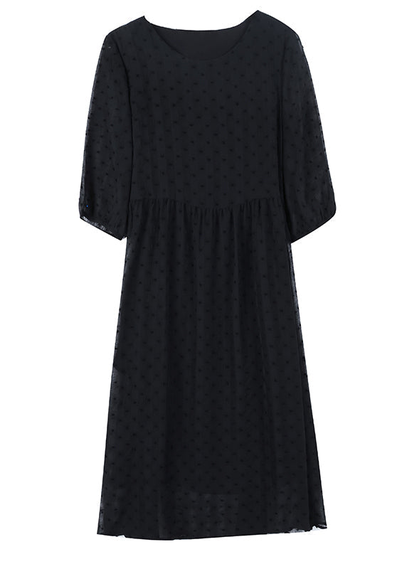 Style Black O Neck Jacquard Chiffon Long Dresses Lantern Sleeve