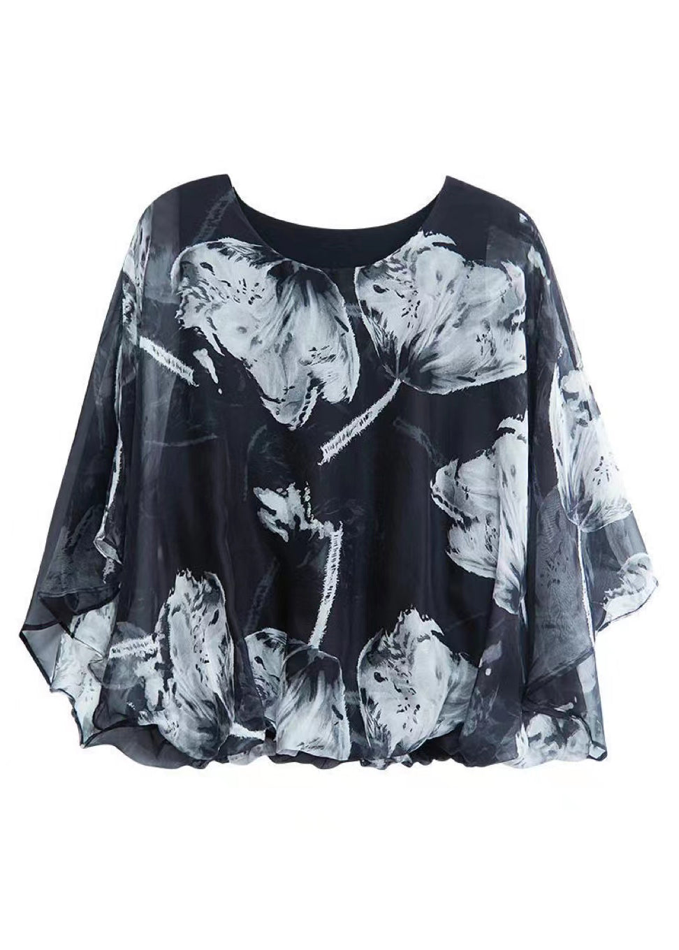 Style Black O-Neck Print Asymmetrical Chiffon Shirt Fall