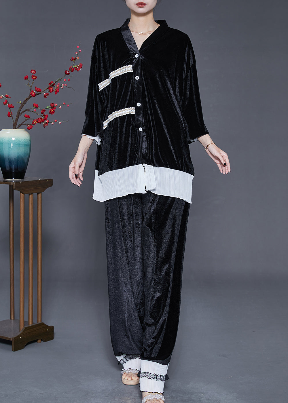 Style Black Oversized Patchwork Silk Velvet Women Sets 2 Pieces Fall