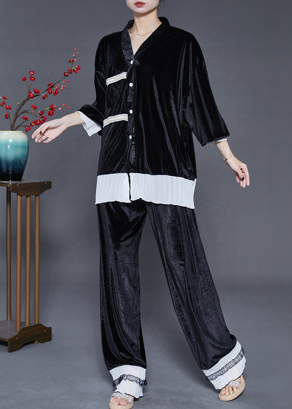 Style Black Oversized Patchwork Silk Velvet Women Sets 2 Pieces Fall