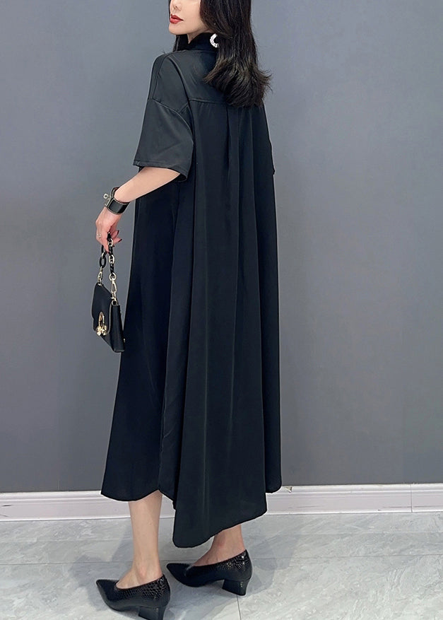 Style Black Peter Pan Collar Button Solid Maxi Shirts Dress Summer