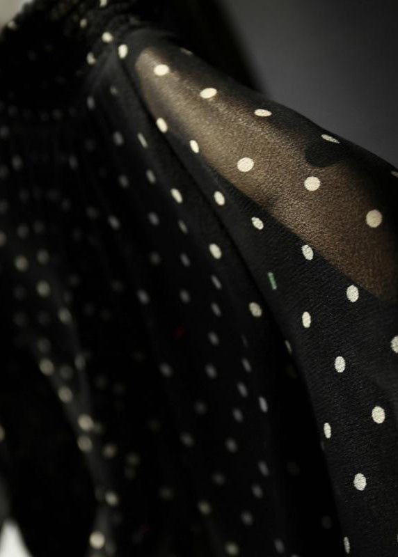 Style Black Ruffled Dot Print Silk Shirts Flare Sleeve