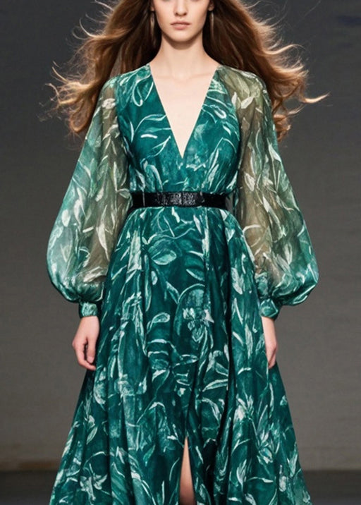 Style Blackish Green Print Side Open Chiffon Cinched Dresses Fall