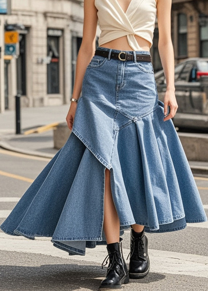 Style Blue Asymmetrical Patchwork Denim Vacation Skirts Spring