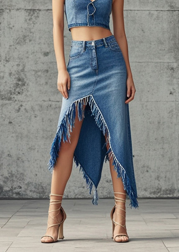 Style Blue Denim Wraped Skirts Asymmetrical Design Fall