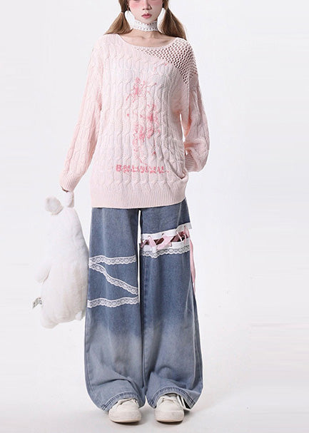 Style Blue Hollow Out Lace Up Denim Straight Pants Spring