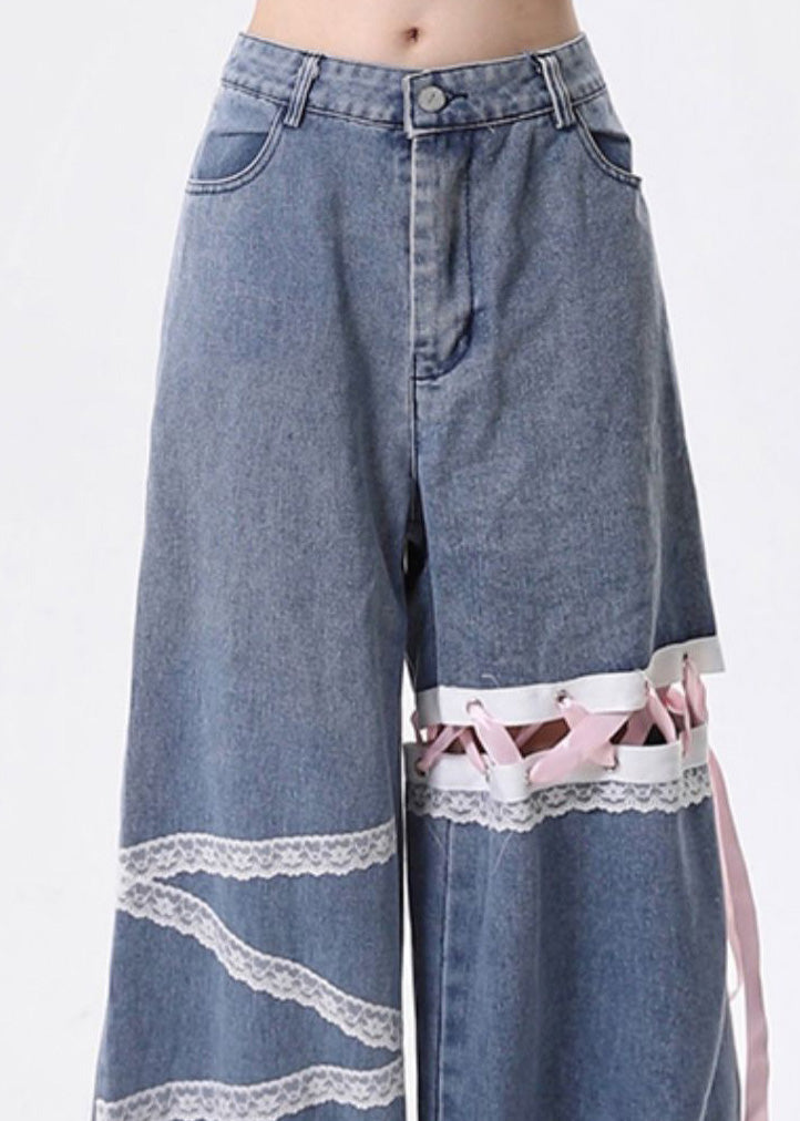 Style Blue Hollow Out Lace Up Denim Straight Pants Spring