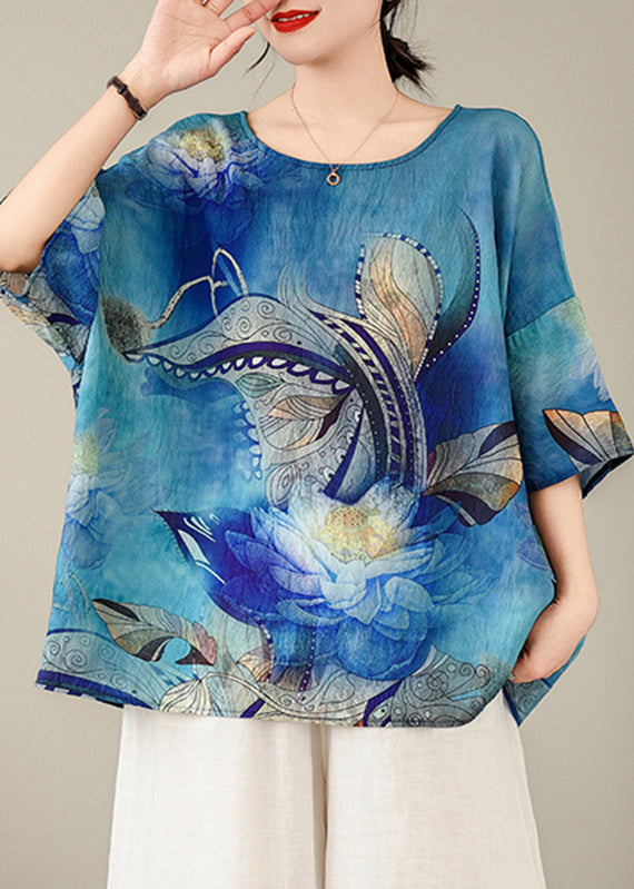 Style Blue O-Neck Print Top Batwing Sleeve