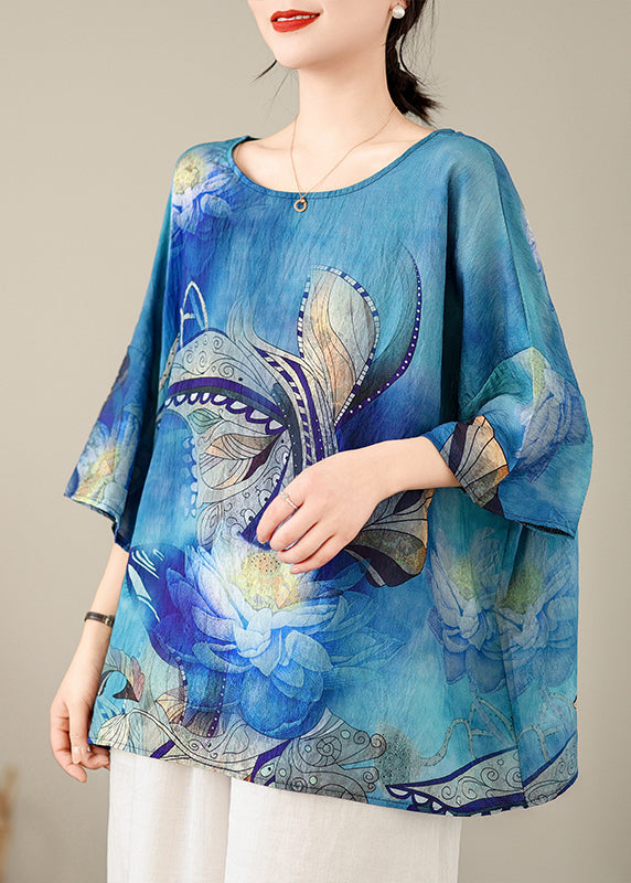 Style Blue O-Neck Print Top Batwing Sleeve