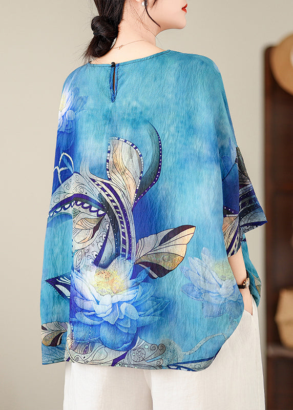 Style Blue O-Neck Print Top Batwing Sleeve