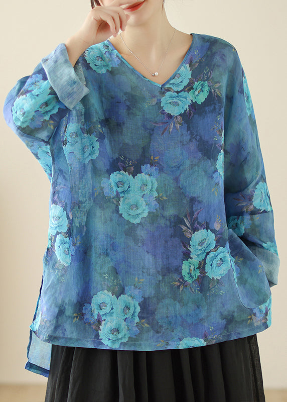 Style Blue Oversized Floral Linen Shirt Tops Spring