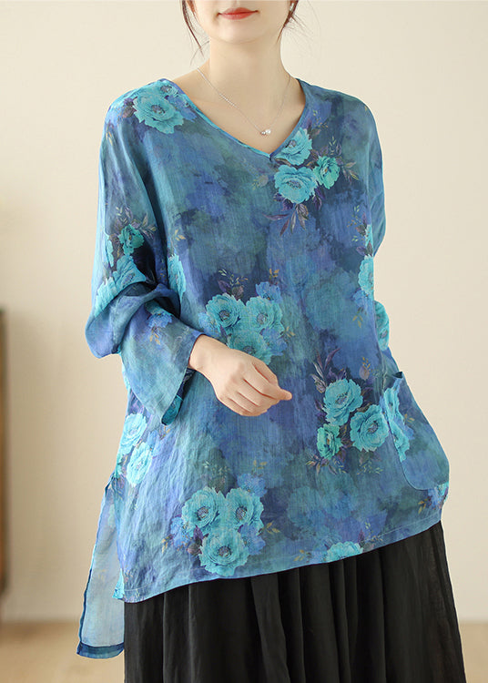 Style Blue Oversized Floral Linen Shirt Tops Spring