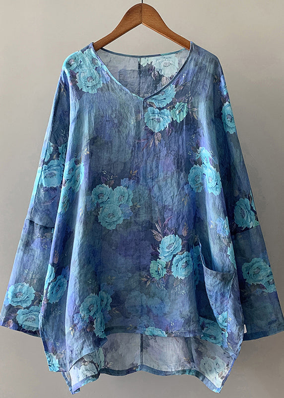 Style Blue Oversized Floral Linen Shirt Tops Spring