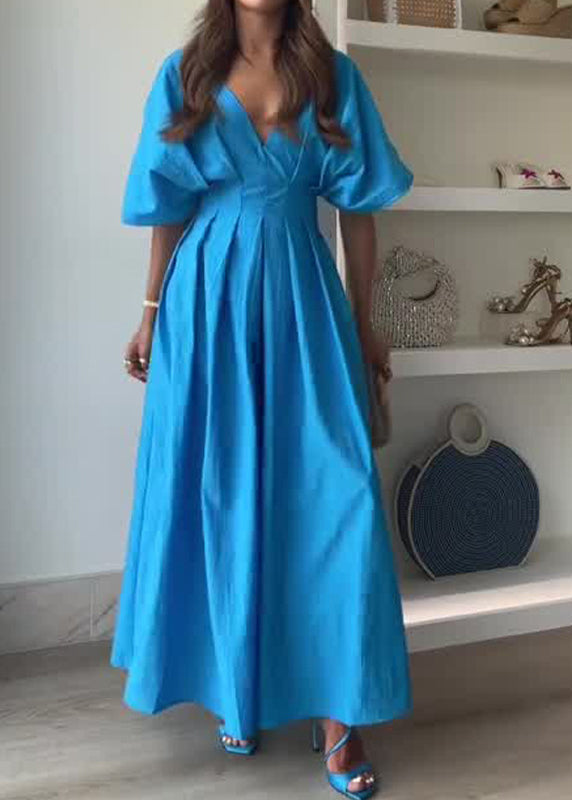 Style Blue Puff Sleeve Wrinkled Cotton Long Dresses