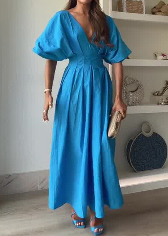 Style Blue Puff Sleeve Wrinkled Cotton Long Dresses