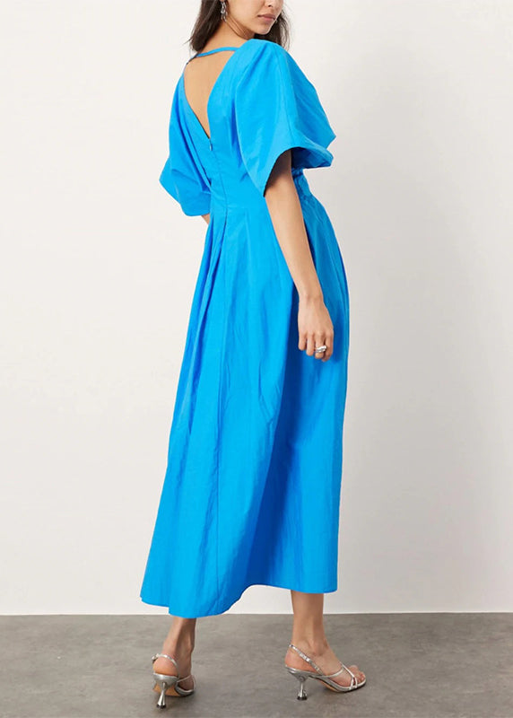 Style Blue Puff Sleeve Wrinkled Cotton Long Dresses