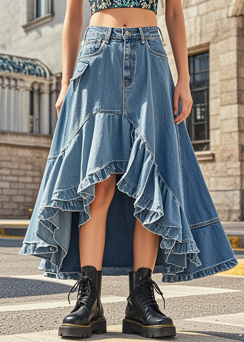 Style Blue Ruffled Exra Large Hem Denim Skirts Spring