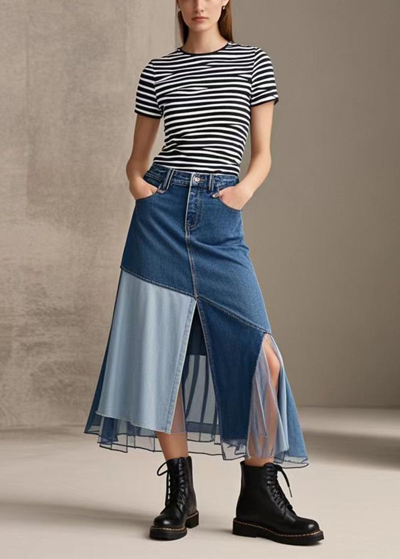 Style Blue Silm Fit Patchwork Side Open Denim Skirts Spring