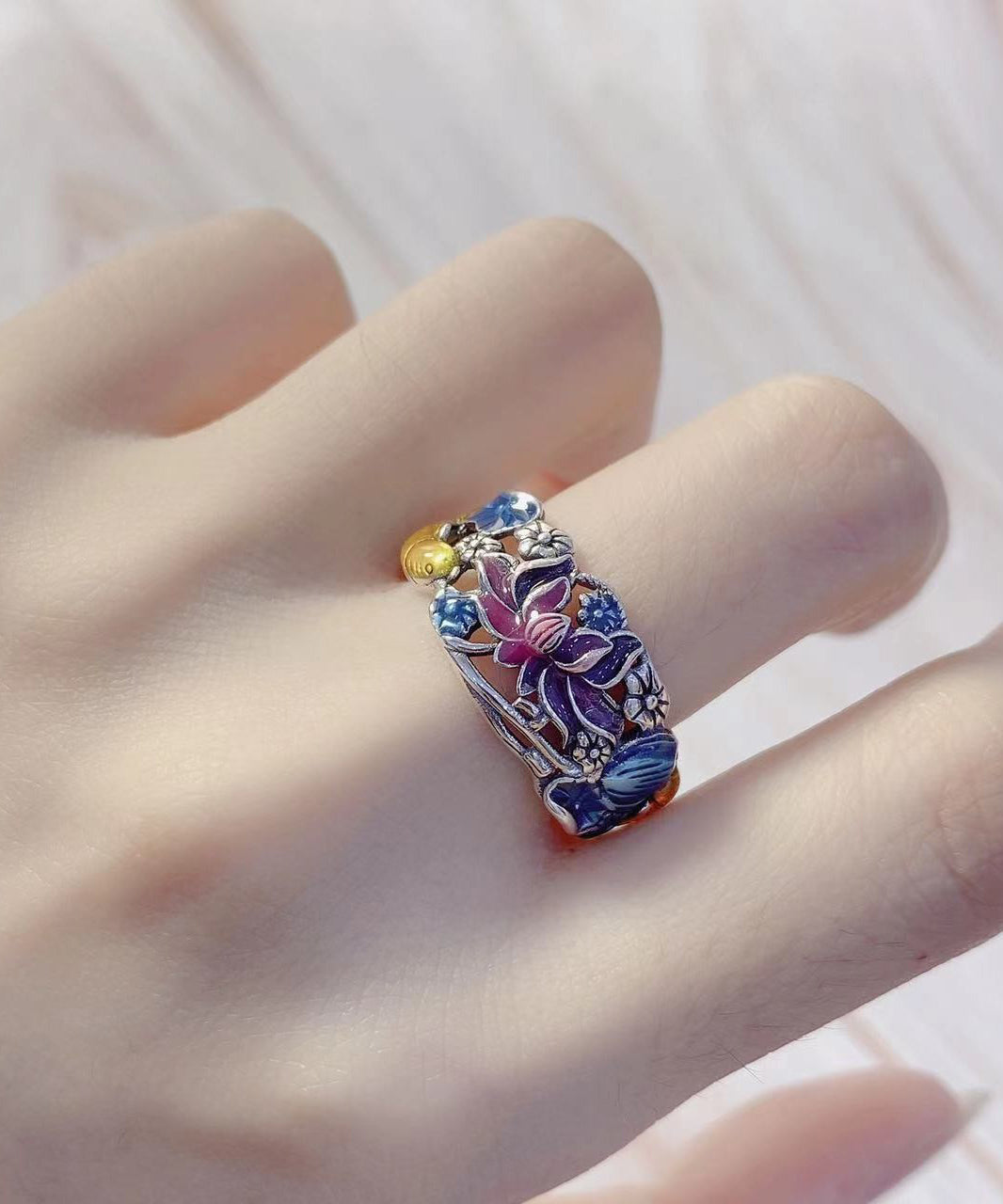 Style Blue Sterling Silver Cloisonne Brocaded Carp Rings