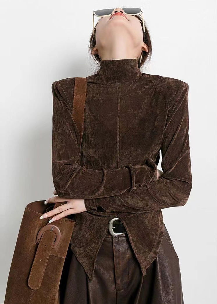 Style Brown Stand Collar Side Open Velour Tops Spring