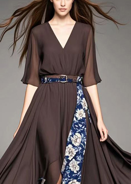 Style Chocolate Asymmetrical Patchwork Print Chiffon Ankle Dress Summer