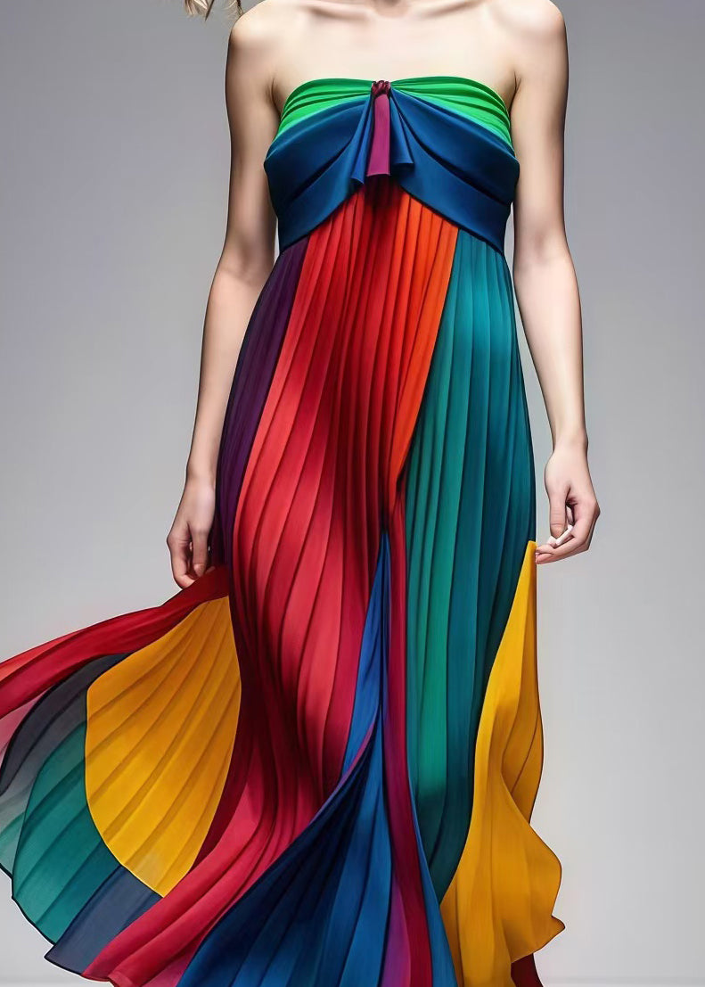 Style Colorblock Bustier Top Cold Shoulder Chiffon Strapless Pleated Dress Summer