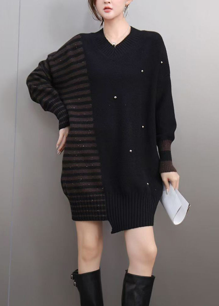 Style Colorblock Thick Striped Nail Bead Cotton Knit Sweaters Winter