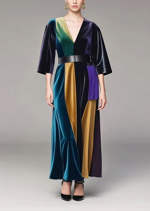 Style Colorblock V Neck Patchwork Silk Velvet Maxi Dresses Spring