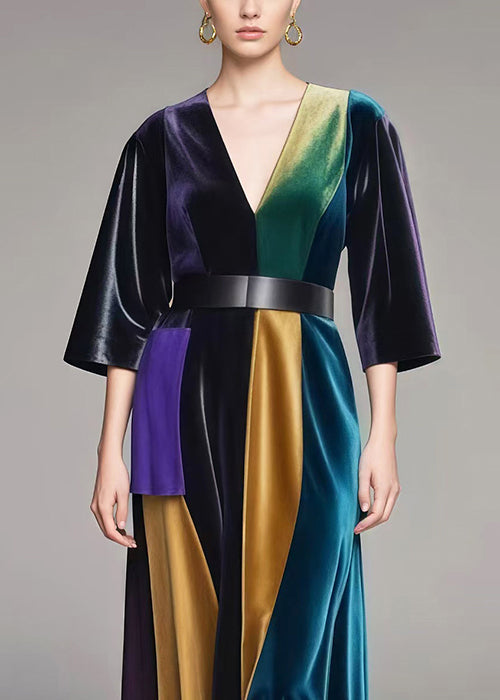 Style Colorblock V Neck Patchwork Silk Velvet Maxi Dresses Spring