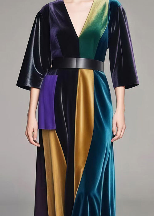 Style Colorblock V Neck Patchwork Silk Velvet Maxi Dresses Spring