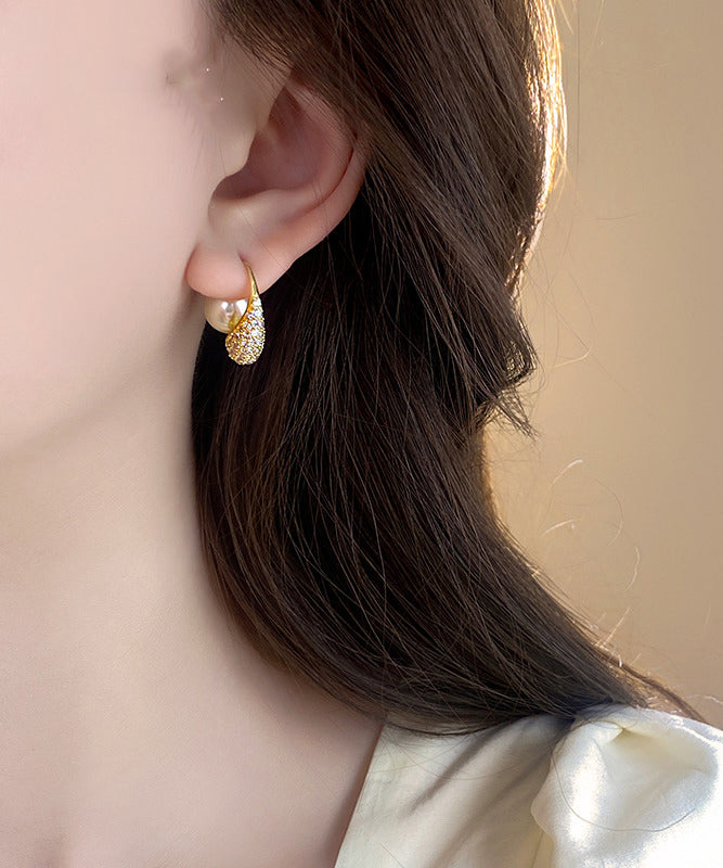 Style Gold Copper Alloy Zircon Pearl Hoop Earrings