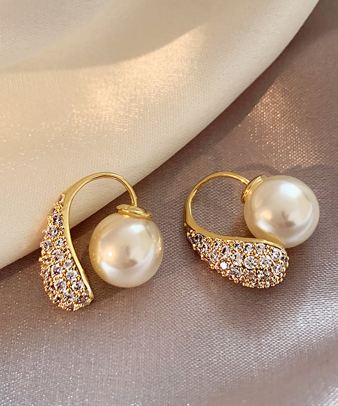 Style Gold Copper Alloy Zircon Pearl Hoop Earrings