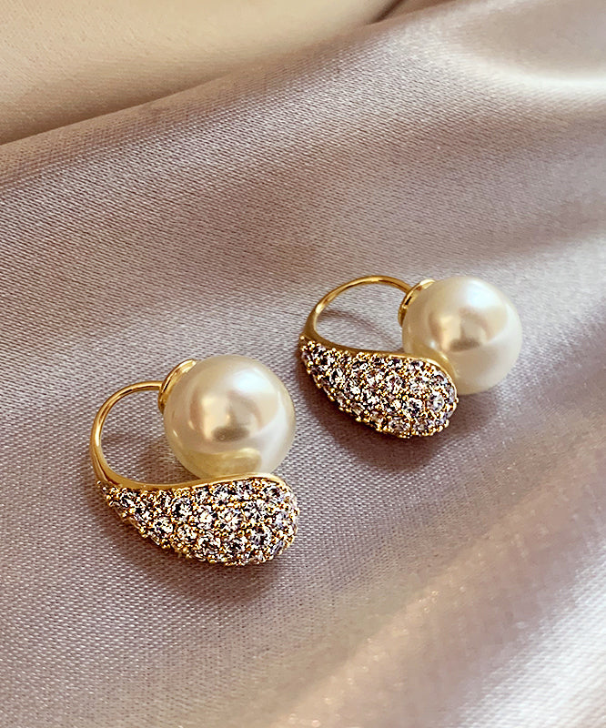 Style Gold Copper Alloy Zircon Pearl Hoop Earrings