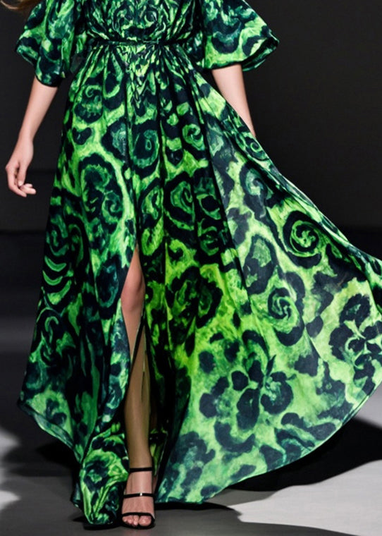 Style Green Cold Shoulder Print Side Open Chiffon Long Dresses Summer