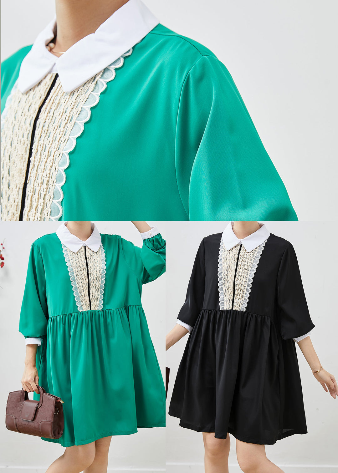 Style Green Peter Pan Collar Patchwork Chiffon Tea Dress Summer