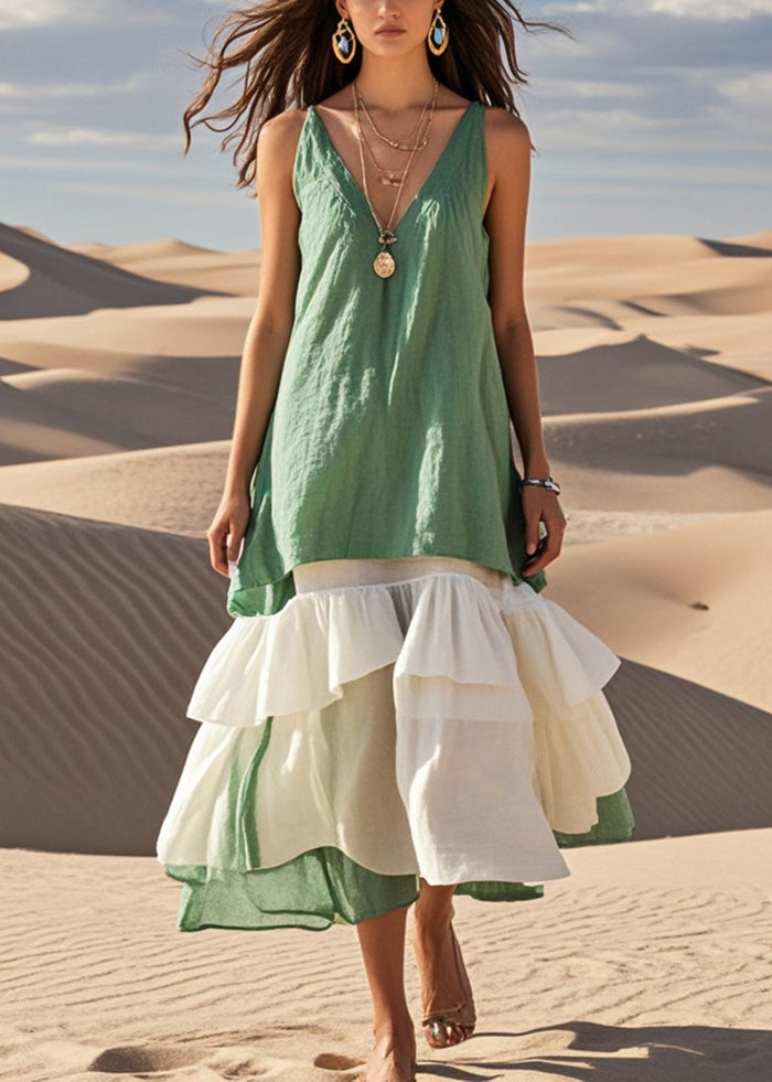 Style Green Ruffled Patchwork Cotton Long Dresses Summer