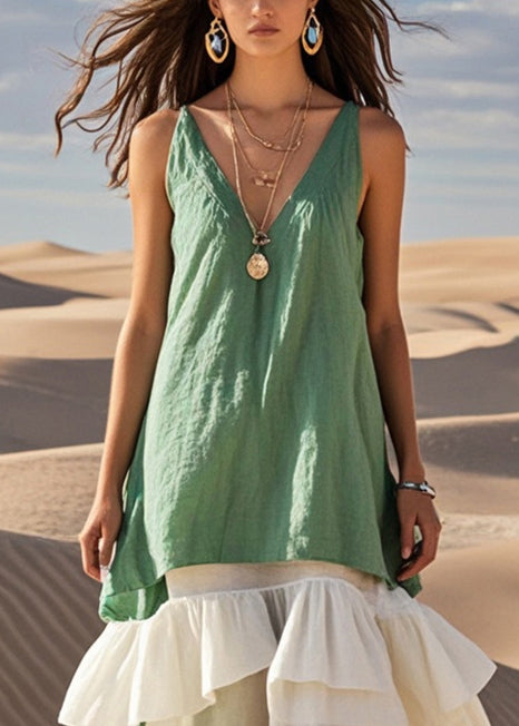 Style Green Ruffled Patchwork Cotton Long Dresses Summer