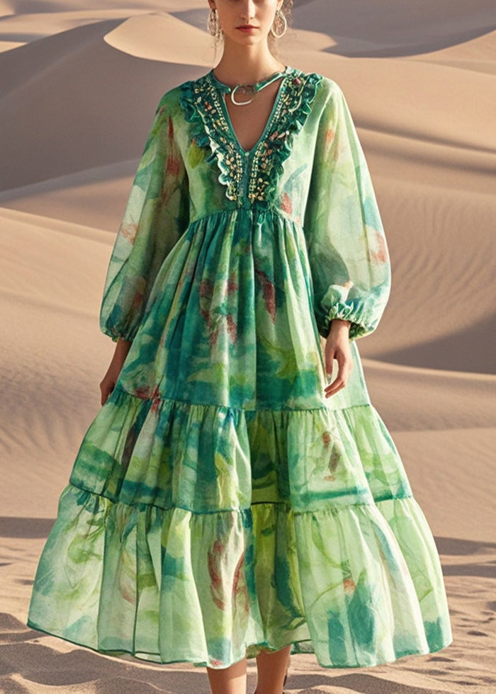 Style Green Ruffled Print Cotton Party Dress Fall