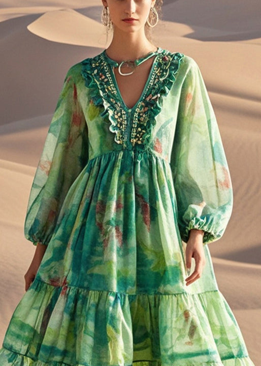 Style Green Ruffled Print Cotton Party Dress Fall