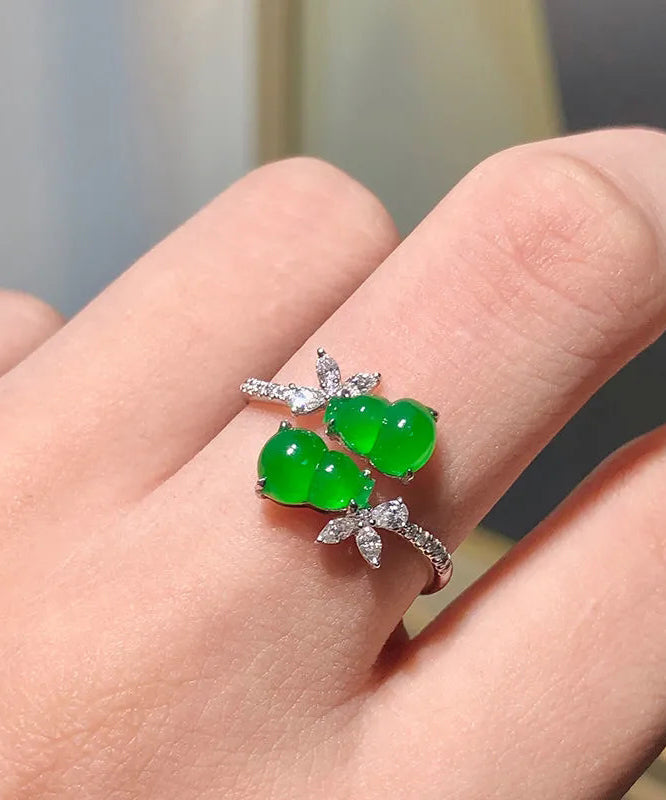 Style Green Sterling Silver Inlaid Zircon Jade Gourd Rings