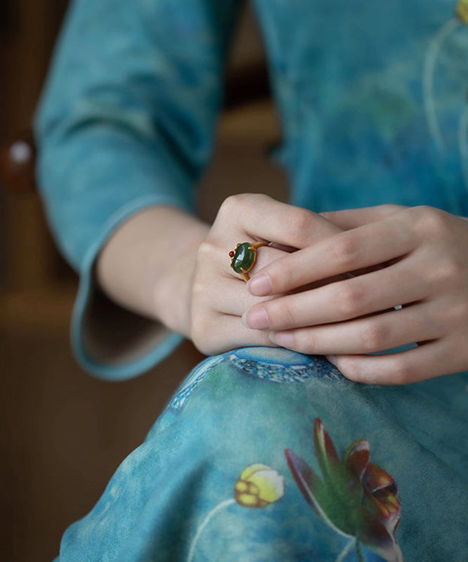 Style Green Sterling Silver Overgild Jade Rings