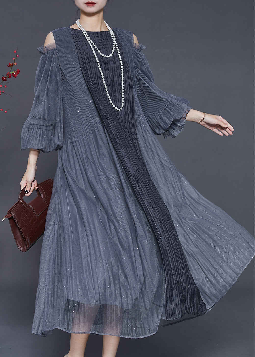 Style Grey Cold Shoulder Patchwork Wrinkled Silk Dresses Summer