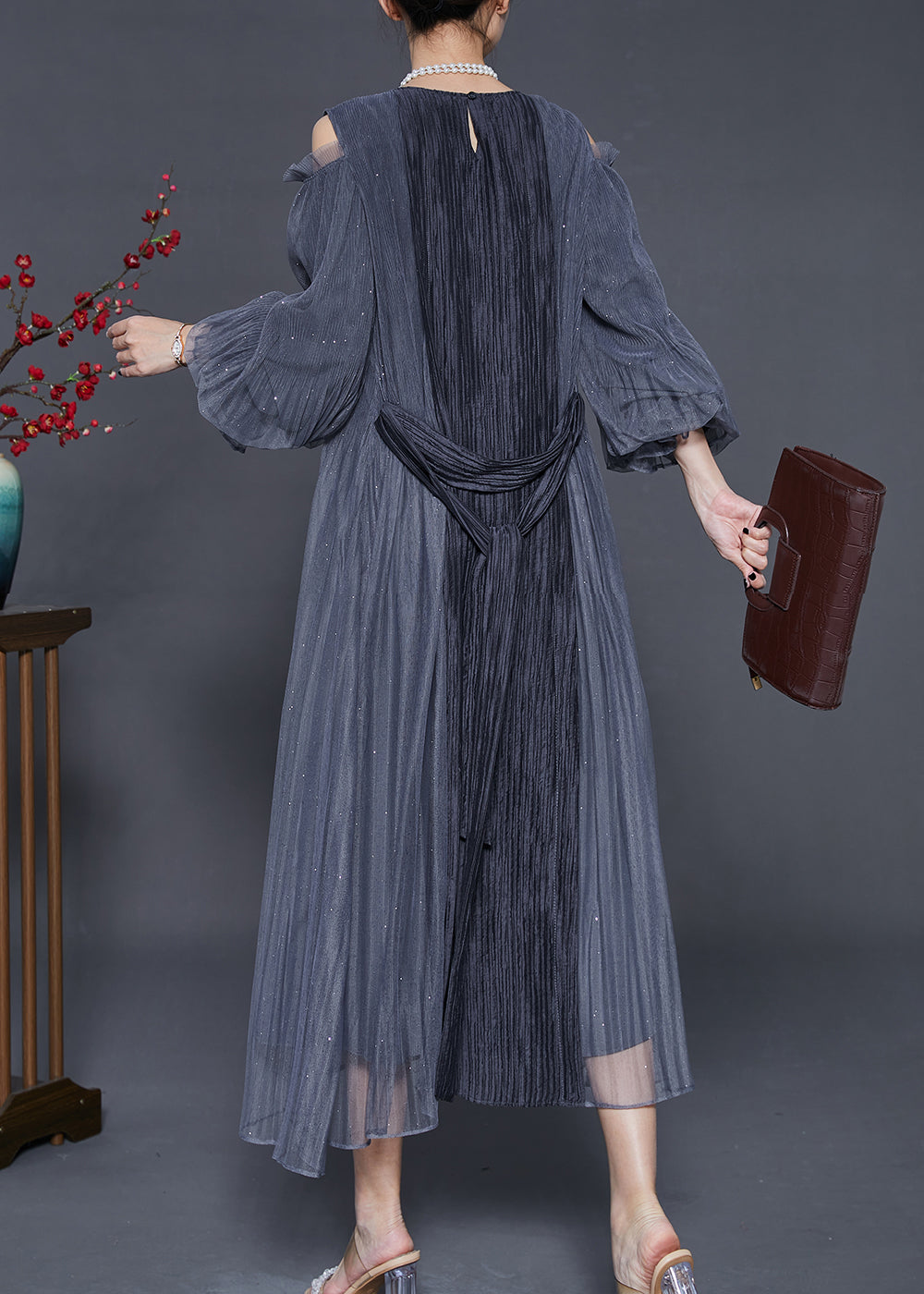 Style Grey Cold Shoulder Patchwork Wrinkled Silk Dresses Summer